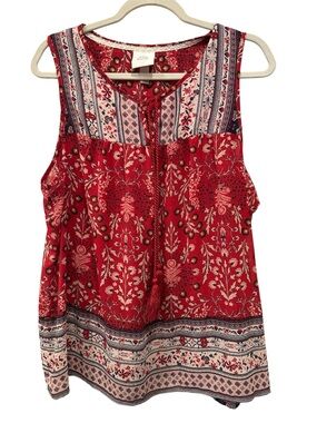 Sleeveless Red Floral Boho Tank Top Tassels Lightweight Summer Blouse Sz L